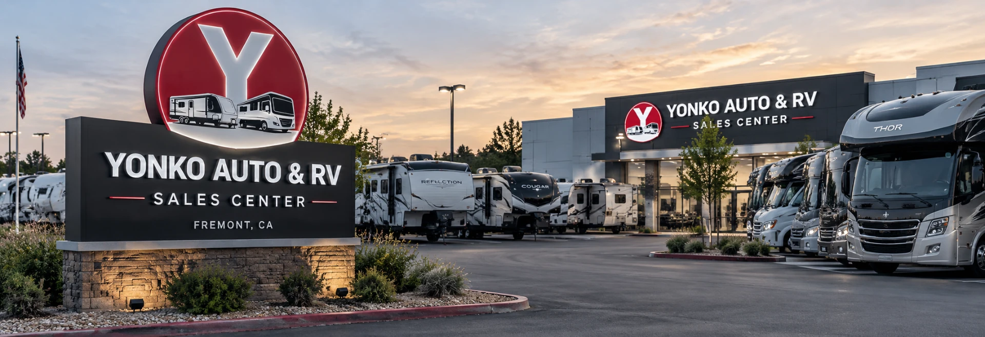 Yonko Auto & RV Sales Center storefront in Fremont, CA at sunset