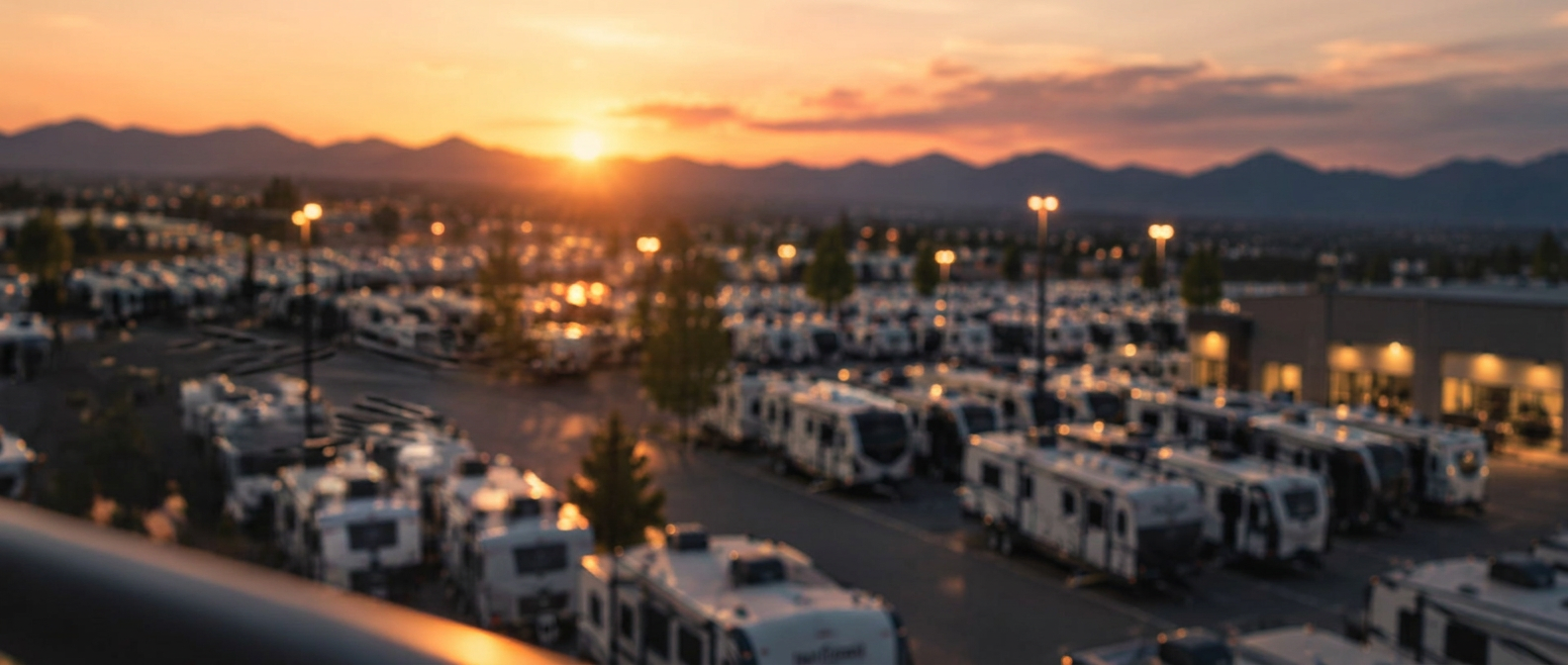 Rows of used RVs on the Yonko Auto & RV Sales lot at sunset