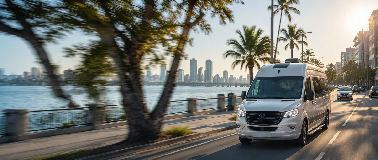 White touring van driving a sunny coastal road